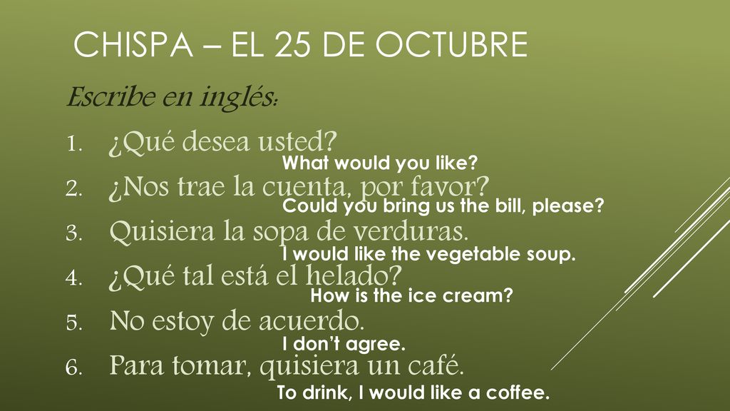 CHISPA – EL 25 DE OCTUBRE Escribe en inglés: ¿Qué desea usted