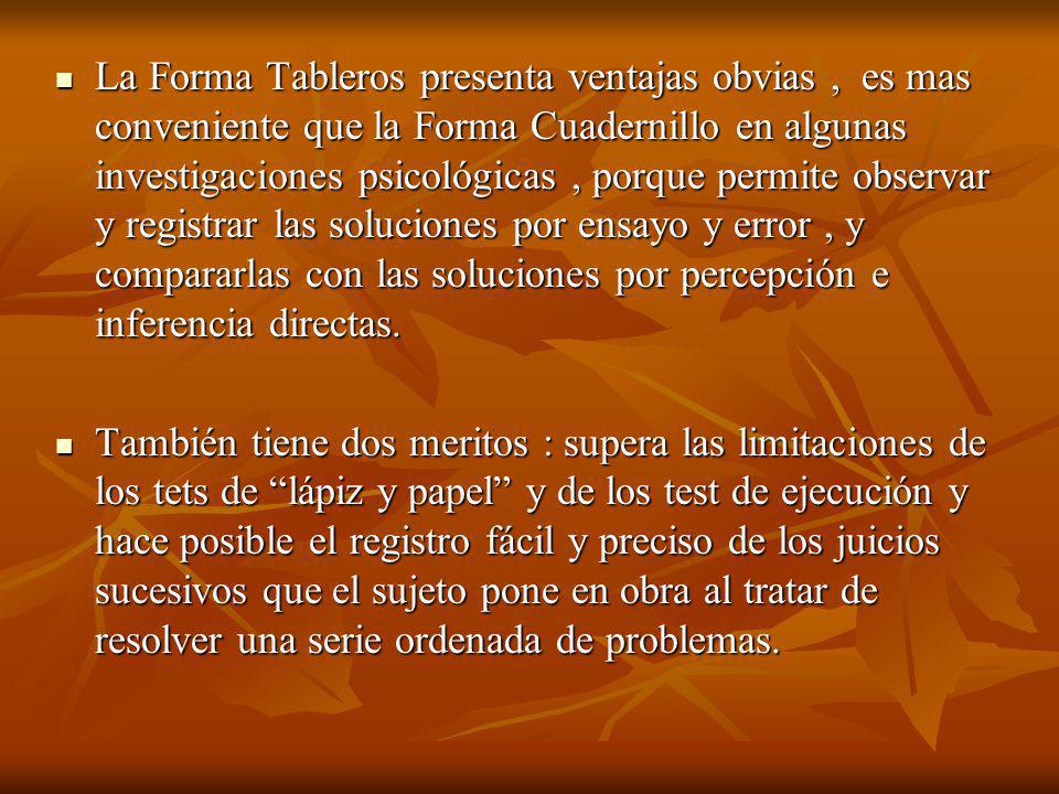 La Forma Tableros presenta ventajas obvias , es mas conveniente que la Forma Cuadernillo en algunas investigaciones psicológicas , porque permite observar y registrar las soluciones por ensayo y error , y compararlas con las soluciones por percepción e inferencia directas.