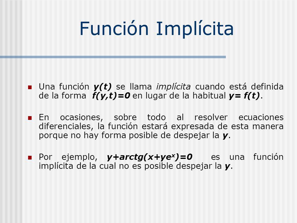 Función Implícita Una función y(t) se llama implícita cuando está definida de la forma f(y,t)=0 en lugar de la habitual y= f(t).