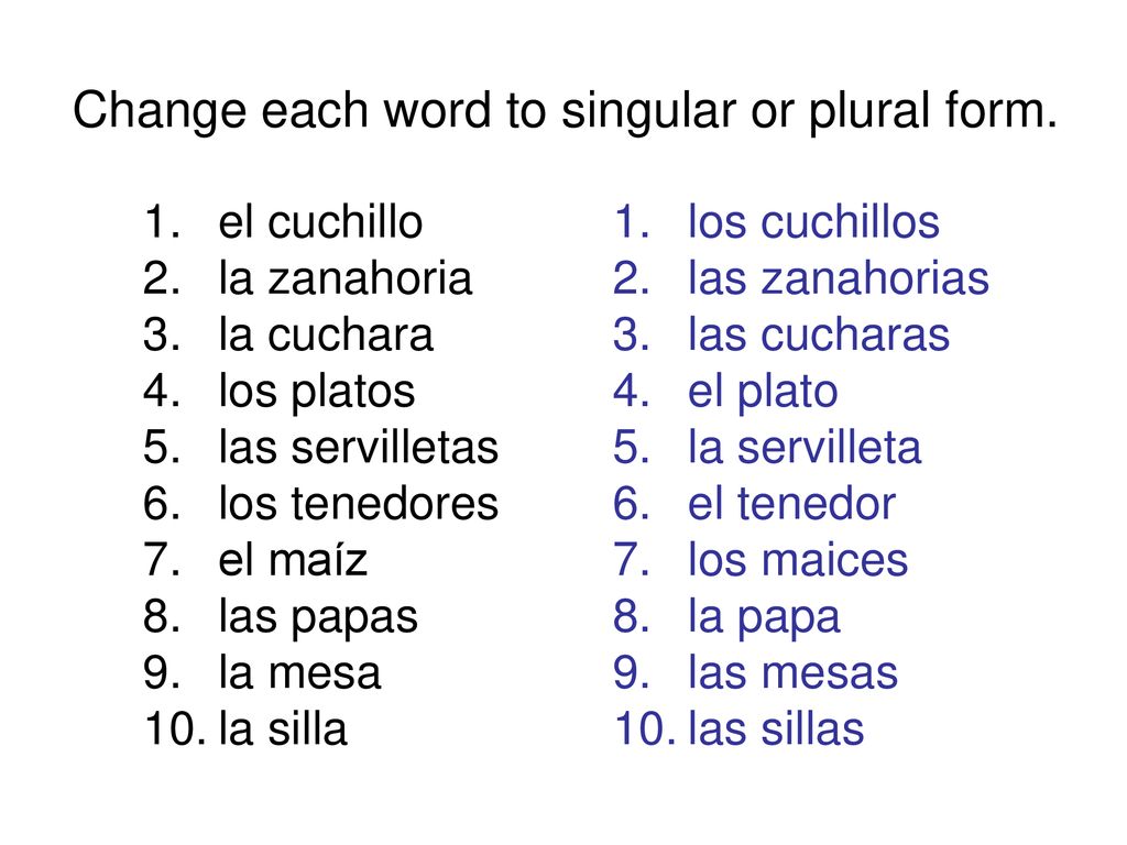 Change each word to singular or plural form.