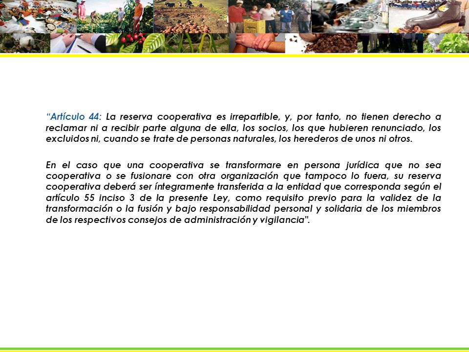 Artículo 44: La reserva cooperativa es irrepartible, y, por tanto, no tienen derecho a reclamar ni a recibir parte alguna de ella, los socios, los que hubieren renunciado, los excluidos ni, cuando se trate de personas naturales, los herederos de unos ni otros.