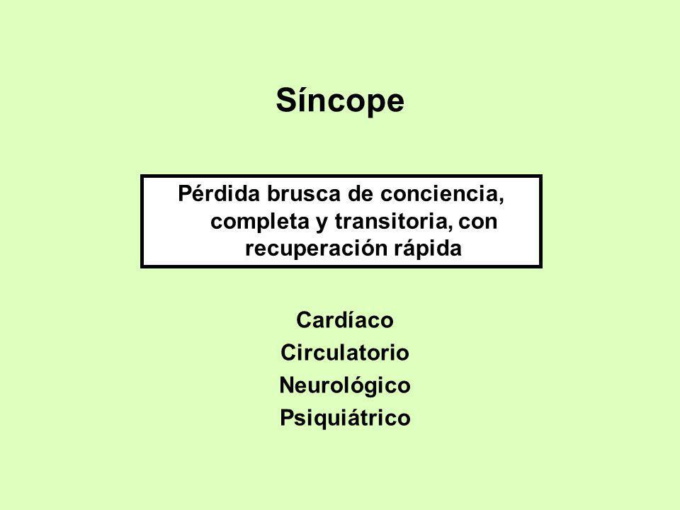Síncope Pérdida brusca de conciencia, completa y transitoria, con recuperación rápida. Cardíaco. Circulatorio.