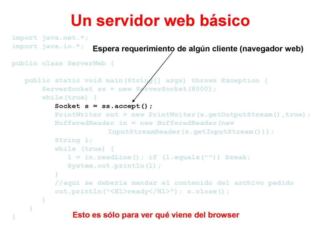 Un servidor web básico import java.net.*; import java.io.*; public class ServerWeb { public static void main(String[] args) throws Exception {