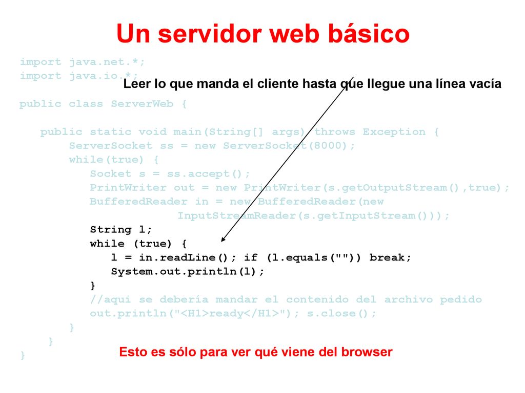 Un servidor web básico import java.net.*; import java.io.*; public class ServerWeb { public static void main(String[] args) throws Exception {