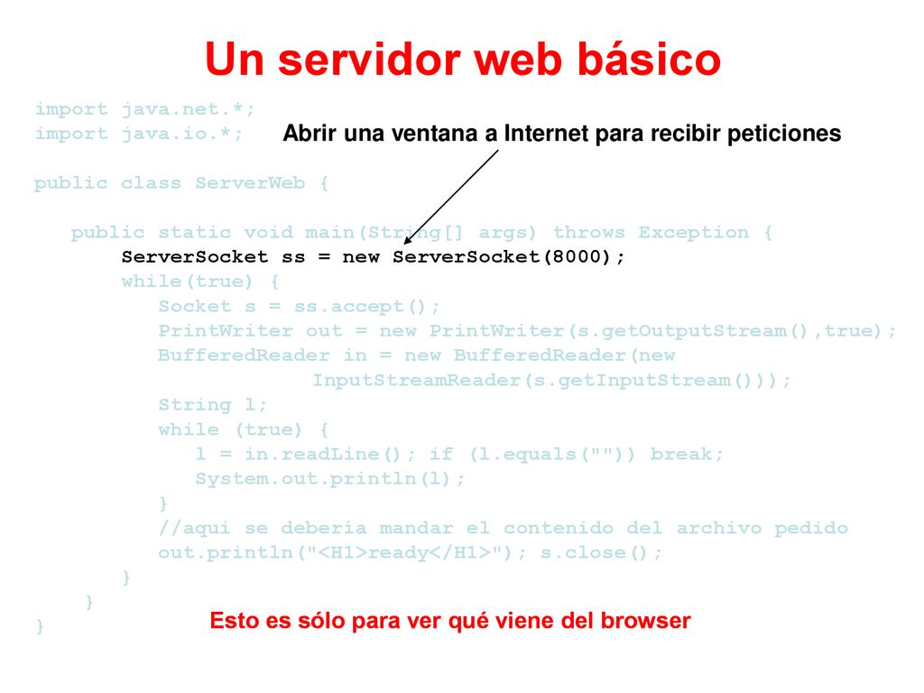 Un servidor web básico import java.net.*; import java.io.*; public class ServerWeb { public static void main(String[] args) throws Exception {