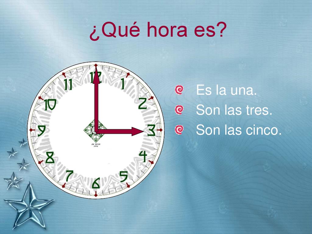 ¿Qué hora es Es la una. Son las tres. Son las cinco.