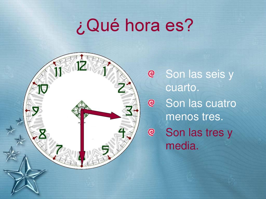 ¿Qué hora es Son las seis y cuarto. Son las cuatro menos tres.