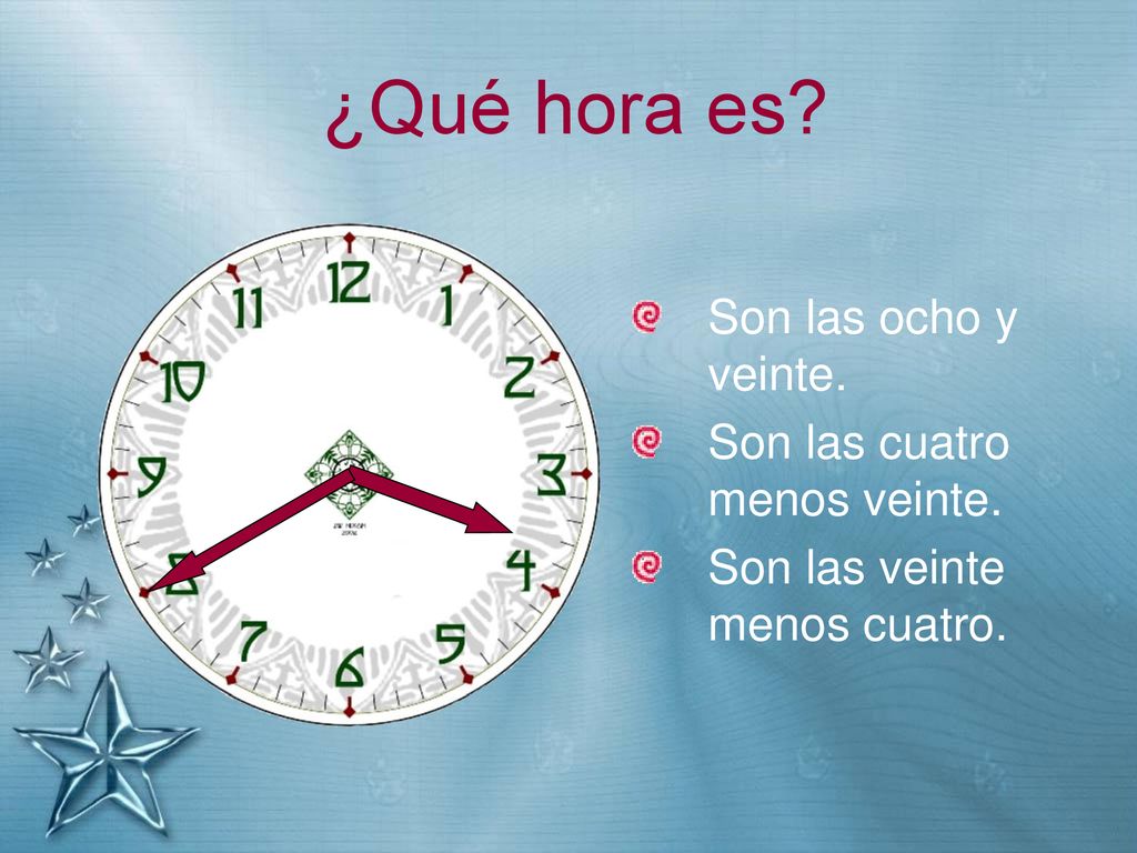 ¿Qué hora es Son las ocho y veinte. Son las cuatro menos veinte.
