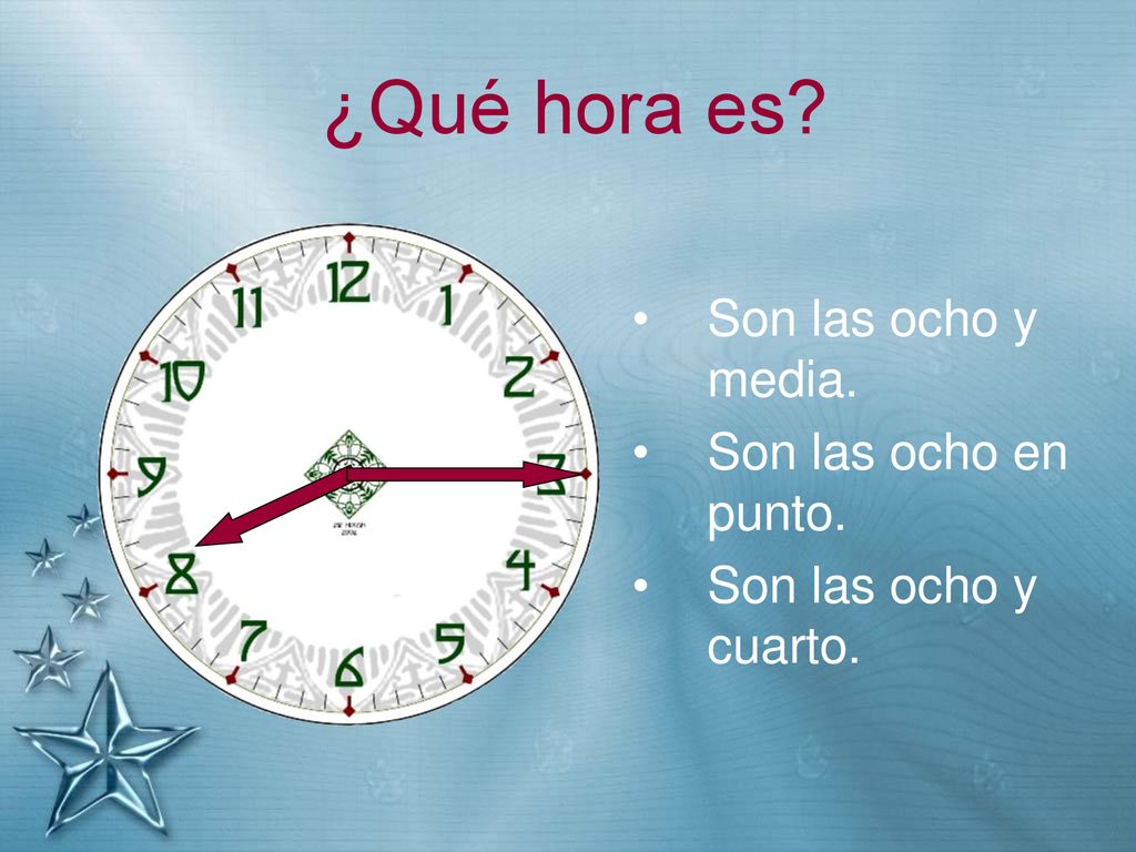 ¿Qué hora es Son las ocho y media. Son las ocho en punto.