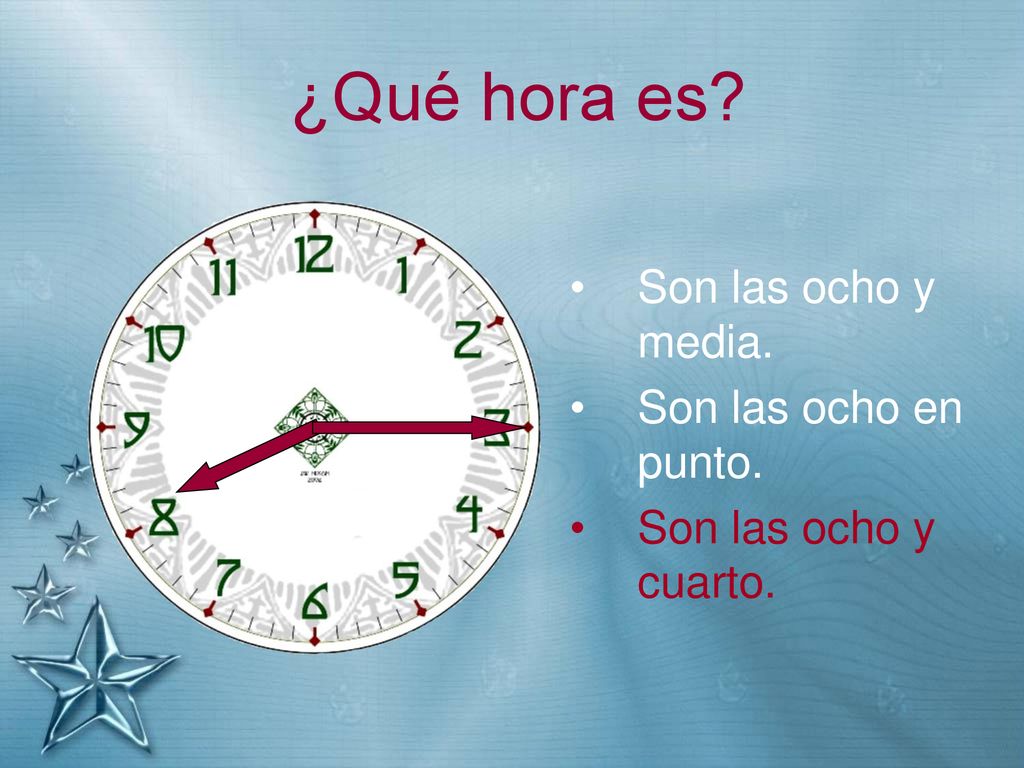 ¿Qué hora es Son las ocho y media. Son las ocho en punto.
