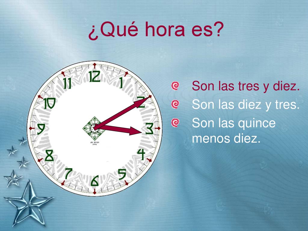¿Qué hora es Son las tres y diez. Son las diez y tres.