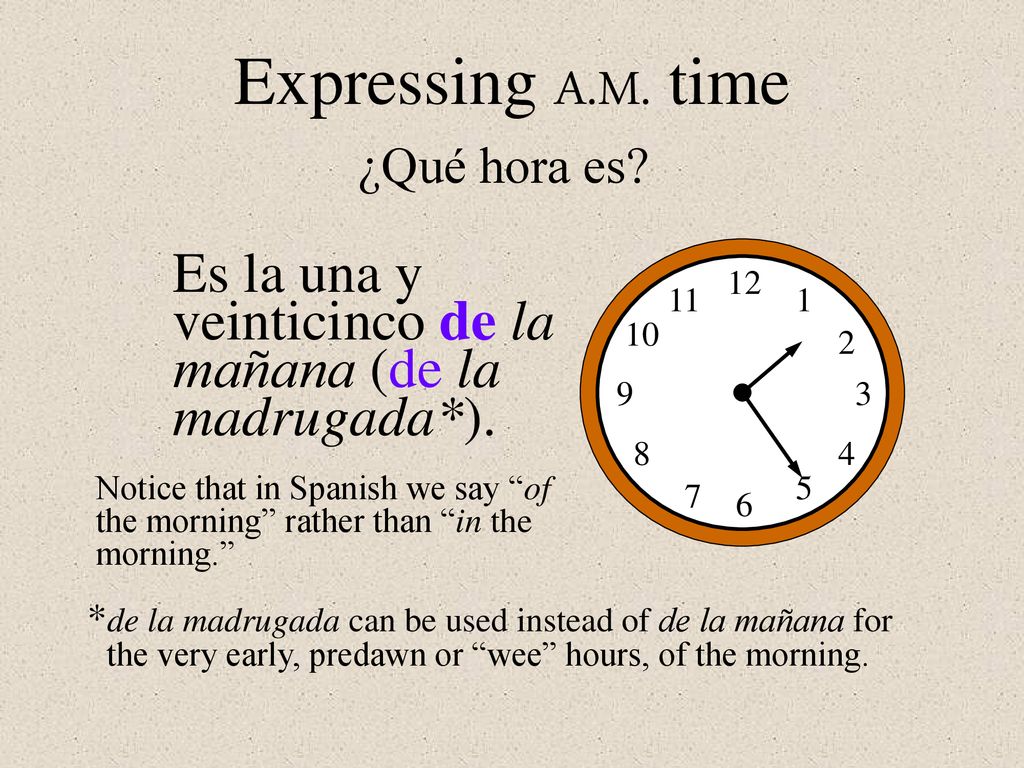 Expressing A.M. time ¿Qué hora es Es la una y veinticinco de la mañana (de la madrugada*).
