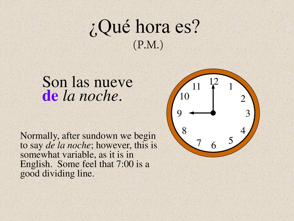 ¿Qué hora es (P.M.) Son las nueve de la noche