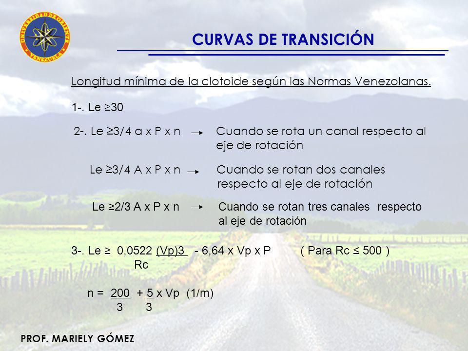 CURVAS DE TRANSICIÓN Longitud mínima de la clotoide según las Normas Venezolanas. 1-. Le ≥30.