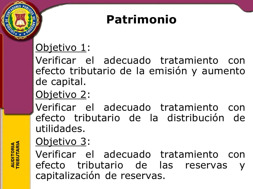 Patrimonio Objetivo 1: Verificar el adecuado tratamiento con efecto tributario de la emisión y aumento de capital.