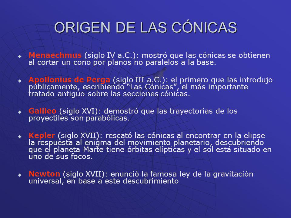 ORIGEN DE LAS CÓNICAS Menaechmus (siglo IV a.C.): mostró que las cónicas se obtienen al cortar un cono por planos no paralelos a la base.