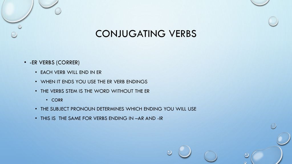 Conjugating Verbs -ER Verbs (Correr) Each verb will end in ER