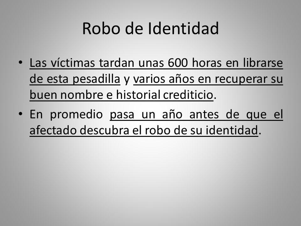 Robo de Identidad Las víctimas tardan unas 600 horas en librarse de esta pesadilla y varios años en recuperar su buen nombre e historial crediticio.