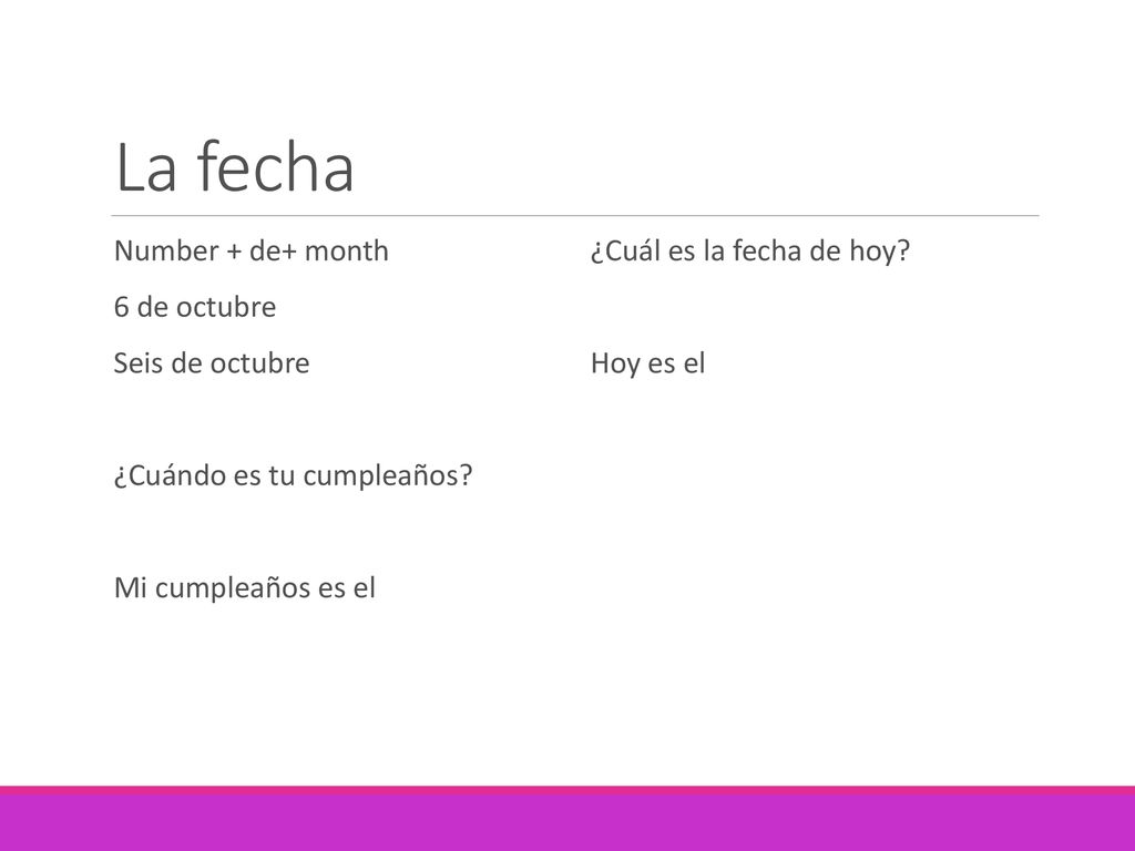 La fecha Number + de+ month 6 de octubre Seis de octubre