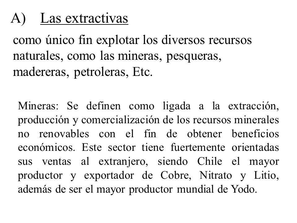 A) Las extractivas como único fin explotar los diversos recursos naturales, como las mineras, pesqueras, madereras, petroleras, Etc.