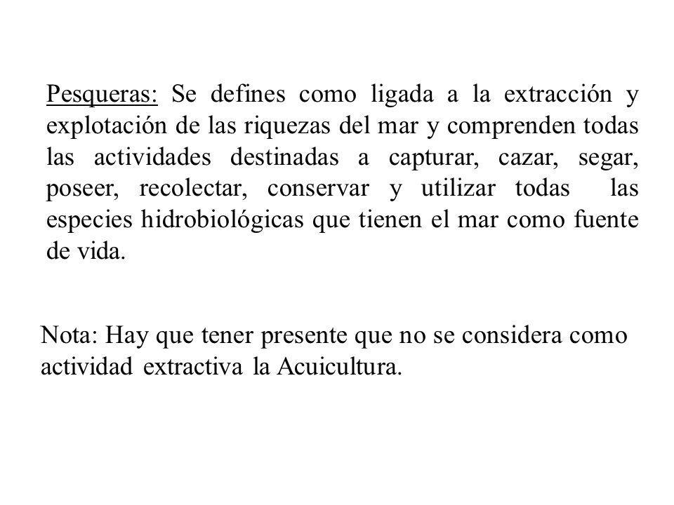 Pesqueras: Se defines como ligada a la extracción y explotación de las riquezas del mar y comprenden todas las actividades destinadas a capturar, cazar, segar, poseer, recolectar, conservar y utilizar todas las especies hidrobiológicas que tienen el mar como fuente de vida.