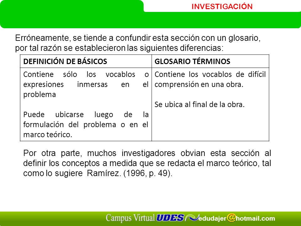 Erróneamente, se tiende a confundir esta sección con un glosario, por tal razón se establecieron las siguientes diferencias: