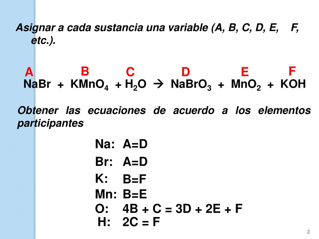 A B C D E F Na: A=D Br: A=D K: B=F Mn: B=E O: 4B + C = 3D + 2E + F H: