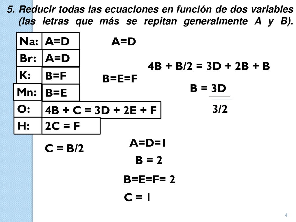 Na: A=D A=D Br: A=D 4B + B/2 = 3D + 2B + B B=F K: B=E=F B = 3D 3/2 B=E