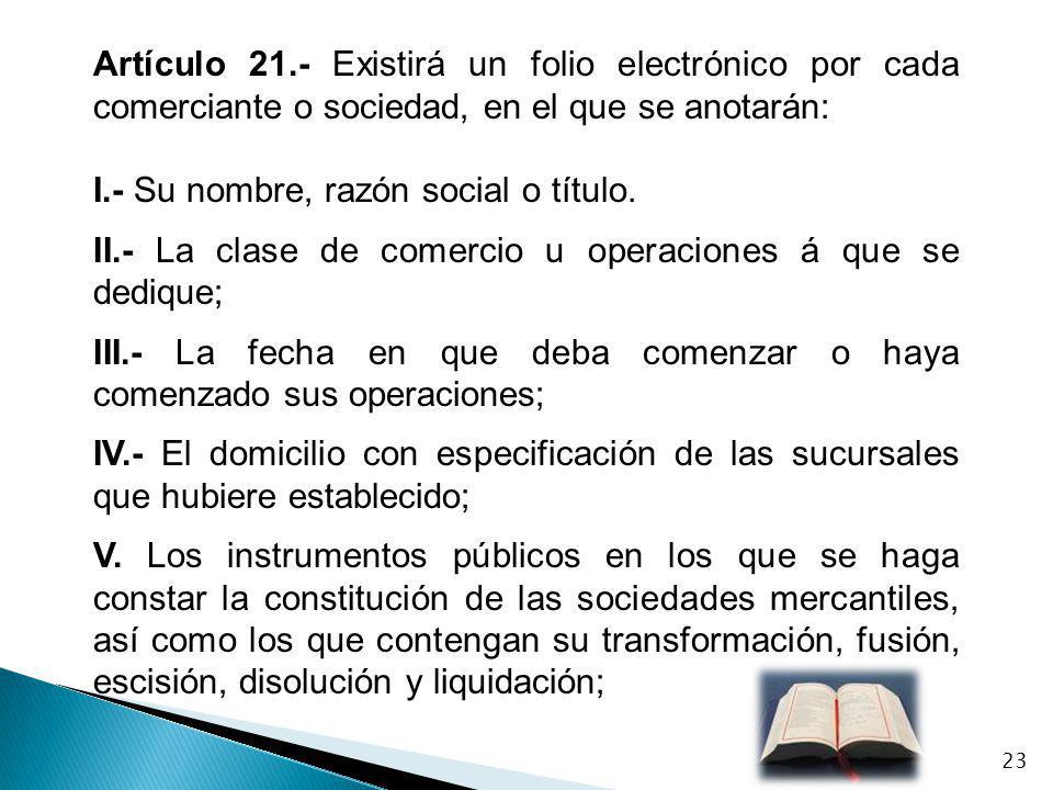 Artículo 21.- Existirá un folio electrónico por cada comerciante o sociedad, en el que se anotarán: