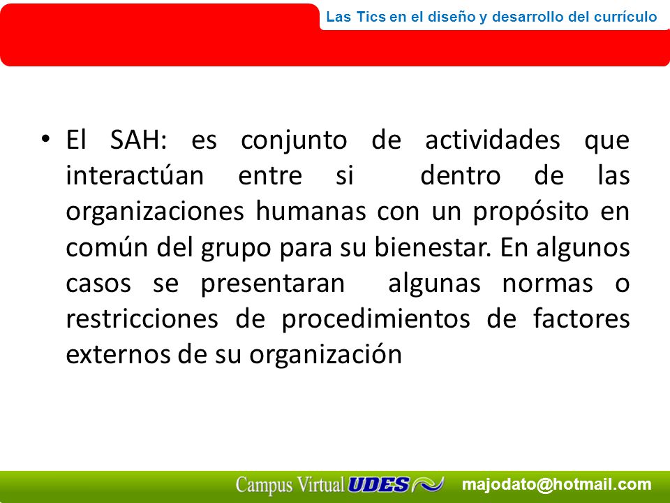 El SAH: es conjunto de actividades que interactúan entre si dentro de las organizaciones humanas con un propósito en común del grupo para su bienestar.