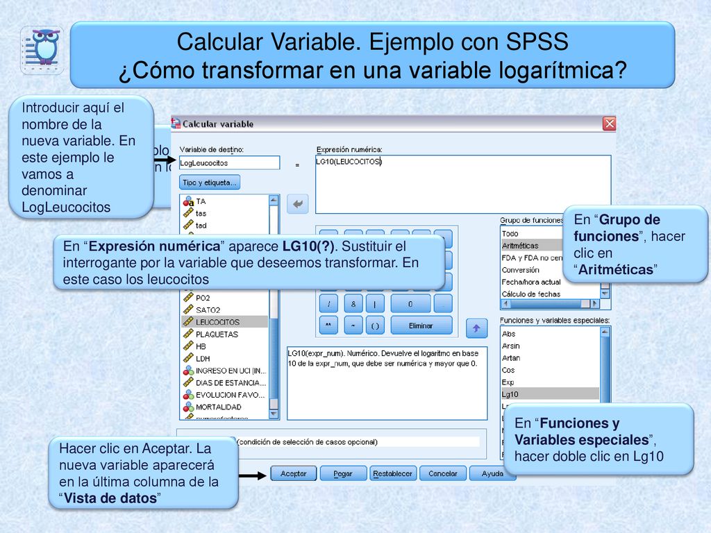 Calcular Variable. Ejemplo con SPSS ¿Cómo transformar en una variable logarítmica