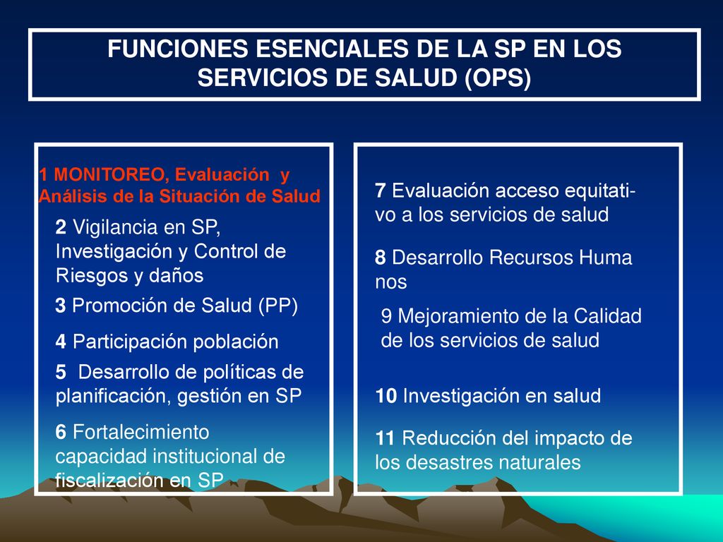 FUNCIONES ESENCIALES DE LA SP EN LOS SERVICIOS DE SALUD (OPS)