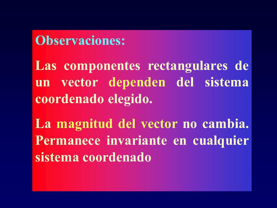 Observaciones: Las componentes rectangulares de un vector dependen del sistema coordenado elegido.