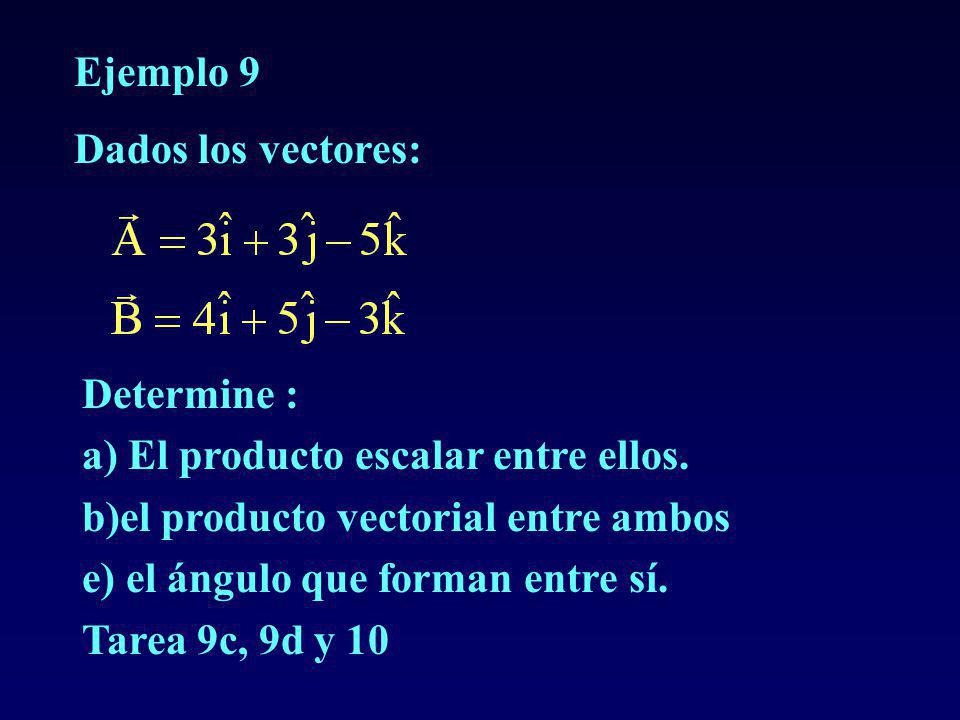 Ejemplo 9 Dados los vectores: Determine : a) El producto escalar entre ellos. b)el producto vectorial entre ambos.