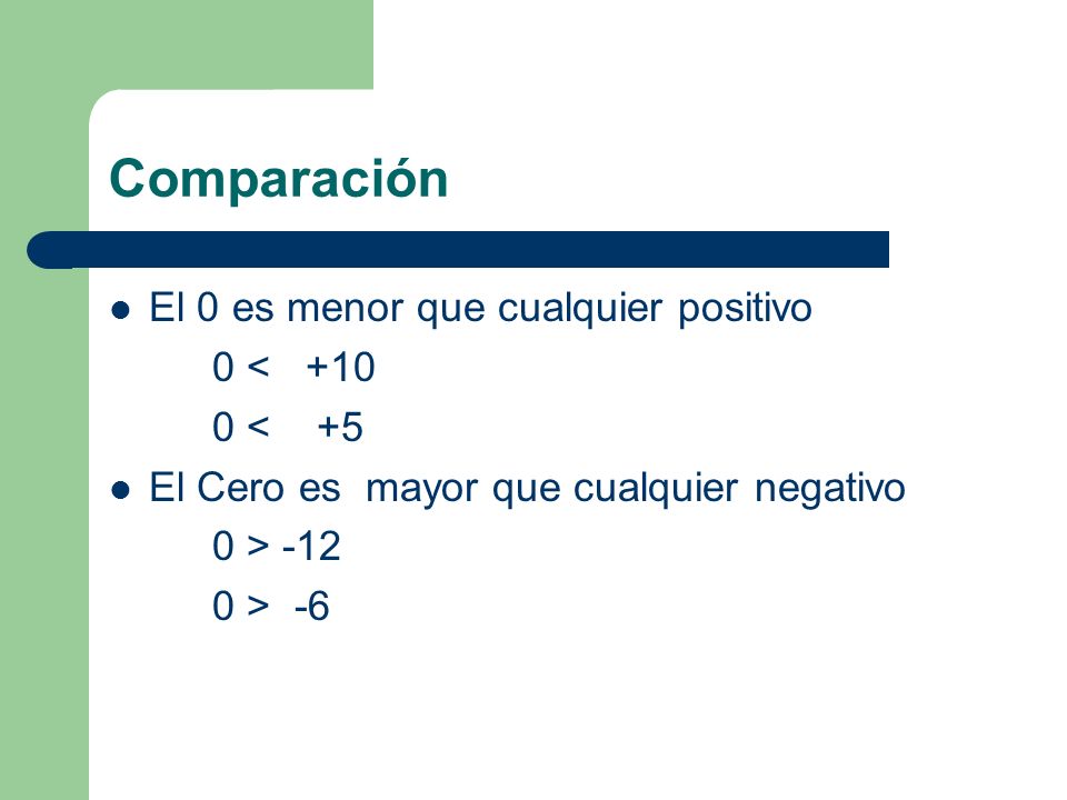 Comparación El 0 es menor que cualquier positivo 0 < < +5