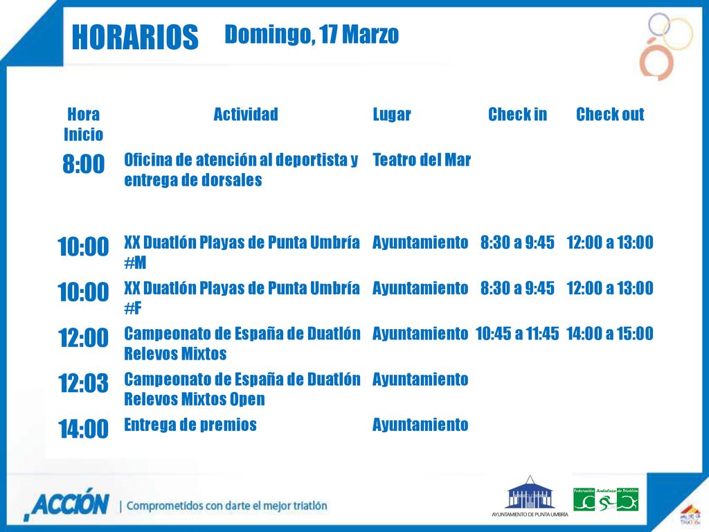 HORARIOS Domingo, 17 Marzo 8:00 10:00 12:00 12:03 14:00 Hora Inicio