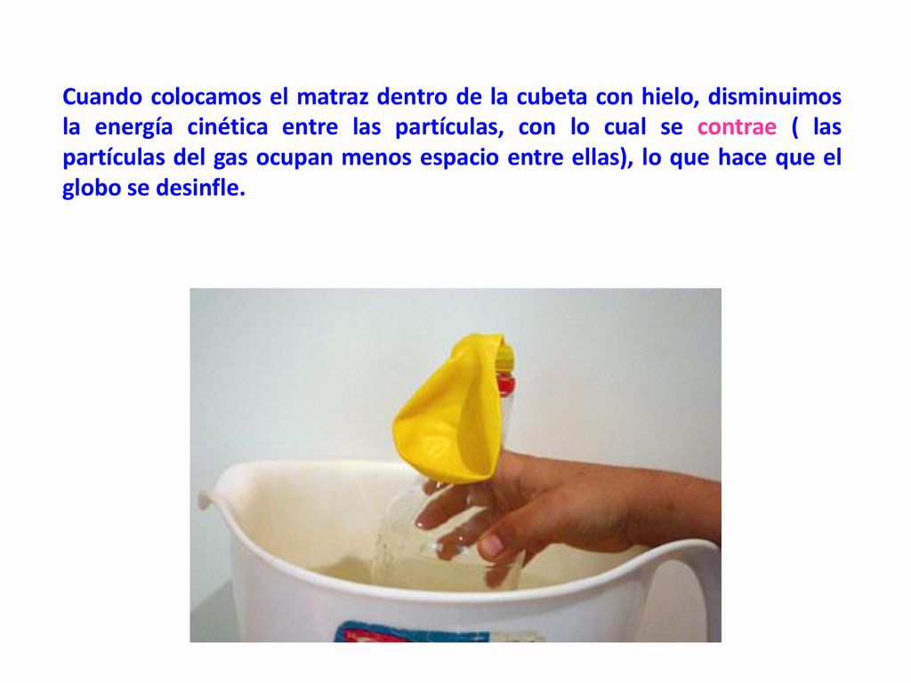 Cuando colocamos el matraz dentro de la cubeta con hielo, disminuimos la energía cinética entre las partículas, con lo cual se contrae ( las partículas del gas ocupan menos espacio entre ellas), lo que hace que el globo se desinfle.