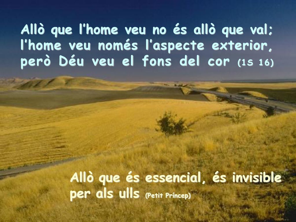 Allò que l’home veu no és allò que val; l’home veu només l’aspecte exterior, però Déu veu el fons del cor (1S 16)