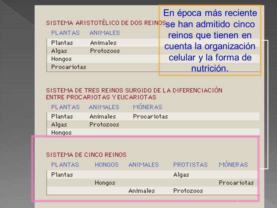 En época más reciente se han admitido cinco reinos que tienen en cuenta la organización celular y la forma de nutrición.
