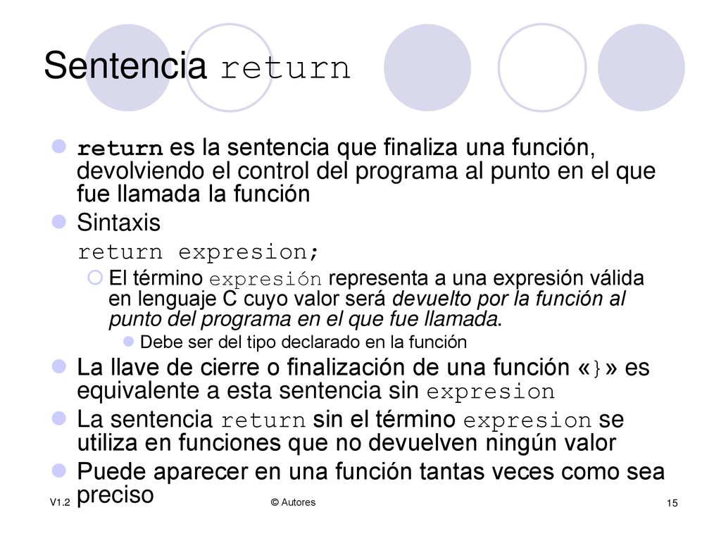 Sentencia return return es la sentencia que finaliza una función, devolviendo el control del programa al punto en el que fue llamada la función.