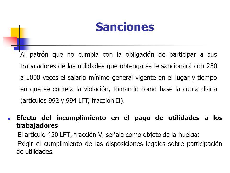 Sanciones Efecto del incumplimiento en el pago de utilidades a los trabajadores. El artículo 450 LFT, fracción V, señala como objeto de la huelga: