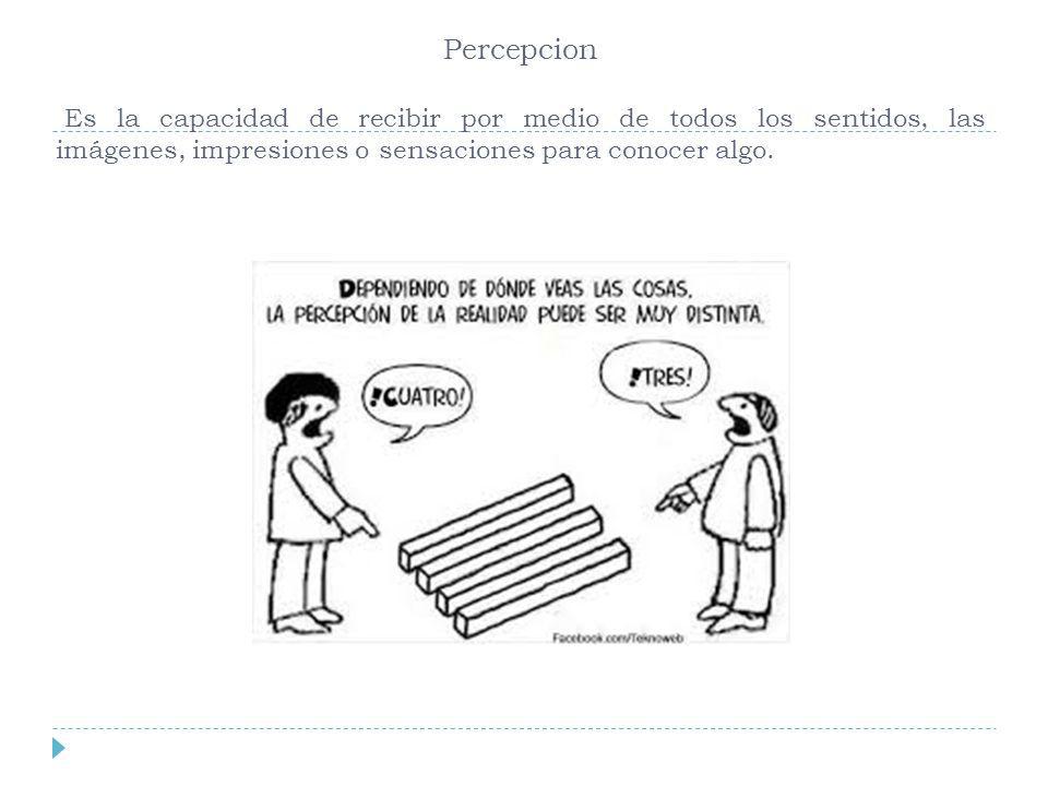 Percepcion Es la capacidad de recibir por medio de todos los sentidos, las imágenes, impresiones o sensaciones para conocer algo.