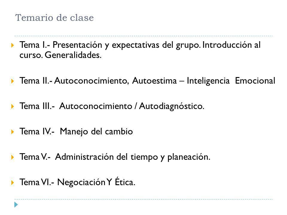 Temario de clase Tema I.- Presentación y expectativas del grupo. Introducción al curso. Generalidades.
