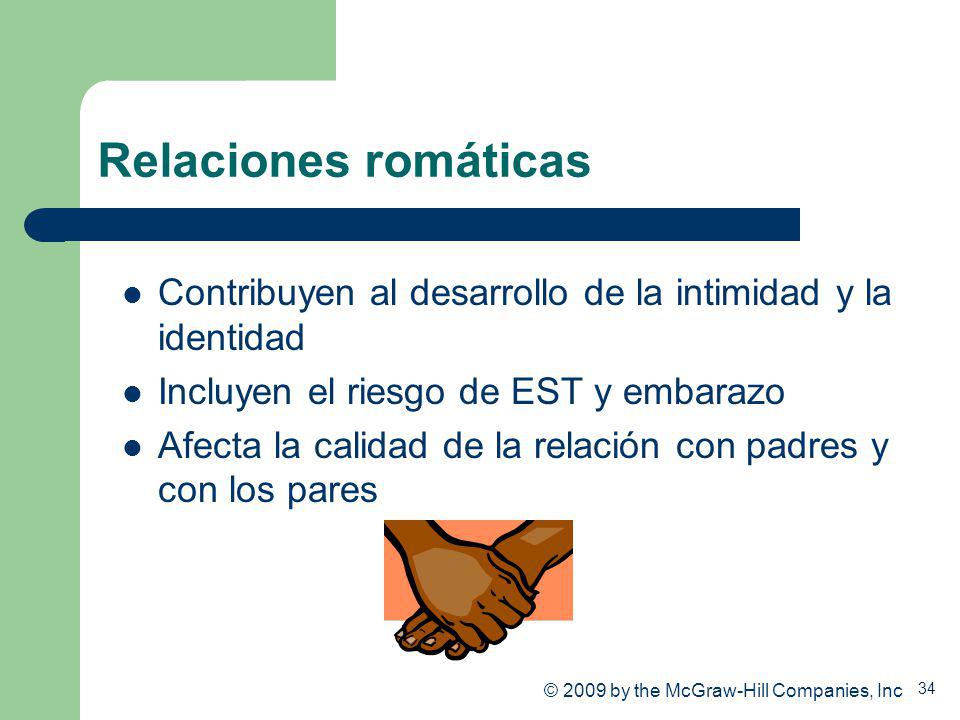 Relaciones romáticas Contribuyen al desarrollo de la intimidad y la identidad. Incluyen el riesgo de EST y embarazo.