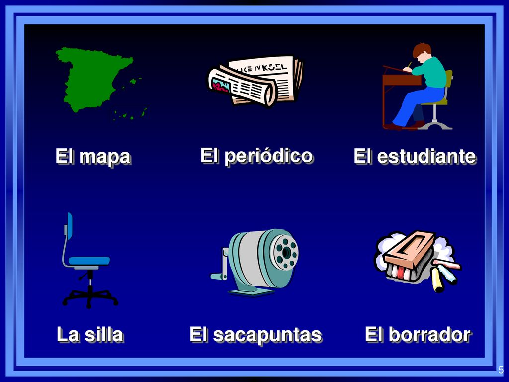 El mapa El periódico El estudiante La silla El sacapuntas El borrador