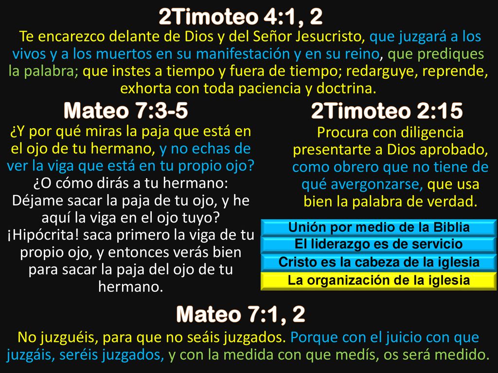 2Timoteo 4:1, 2 Mateo 7:3-5 2Timoteo 2:15 Mateo 7:1, 2
