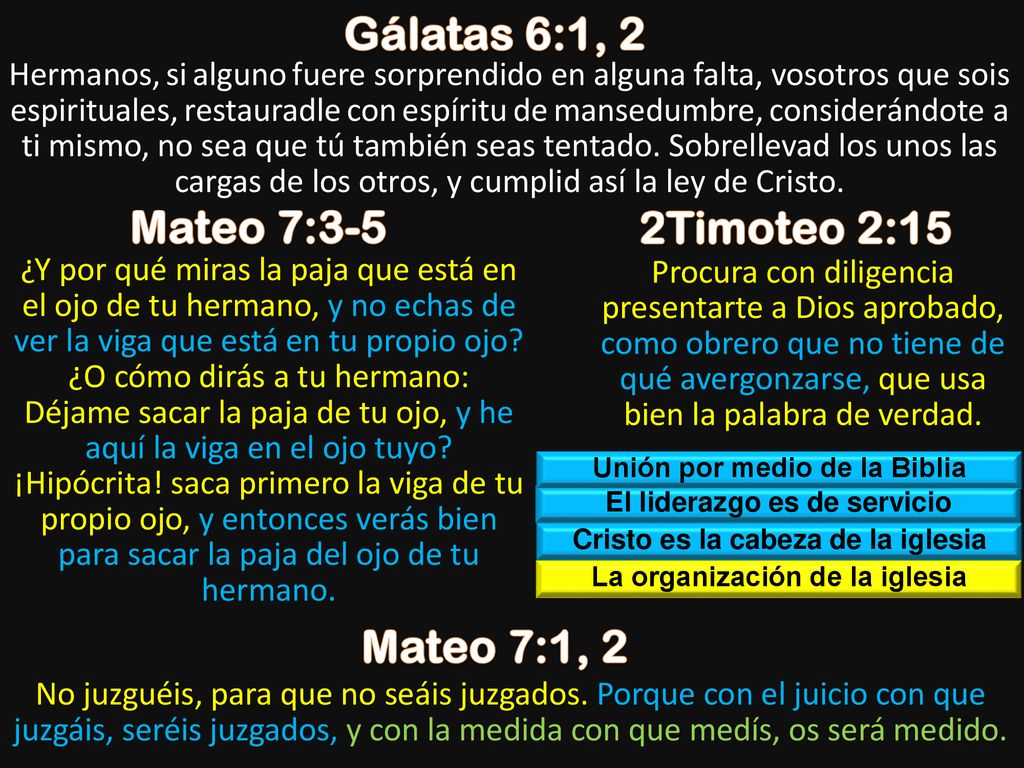 Gálatas 6:1, 2 Mateo 7:3-5 2Timoteo 2:15 Mateo 7:1, 2