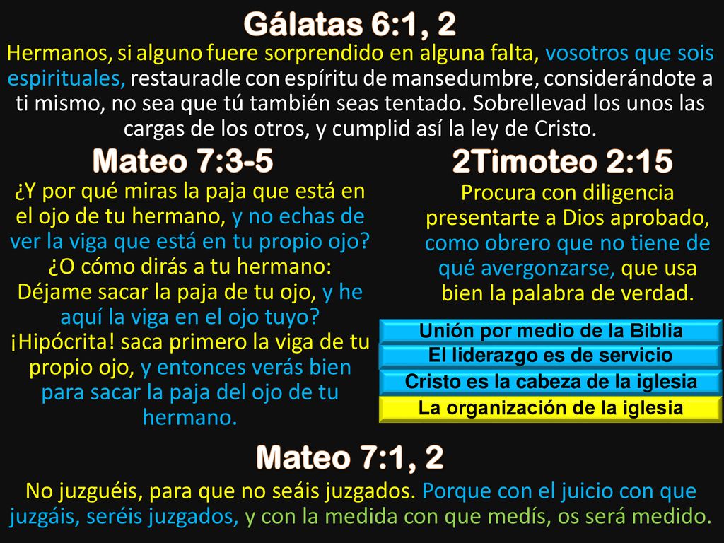 Gálatas 6:1, 2 Mateo 7:3-5 2Timoteo 2:15 Mateo 7:1, 2
