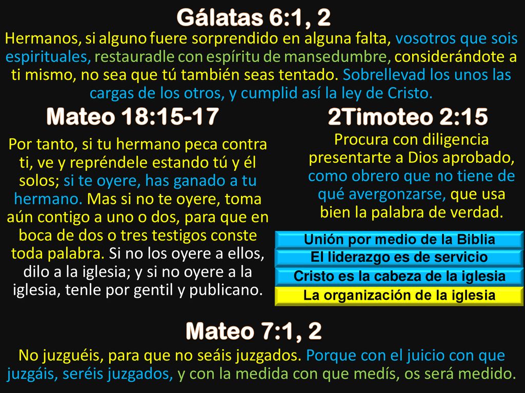 Gálatas 6:1, 2 Mateo 18: Timoteo 2:15 Mateo 7:1, 2