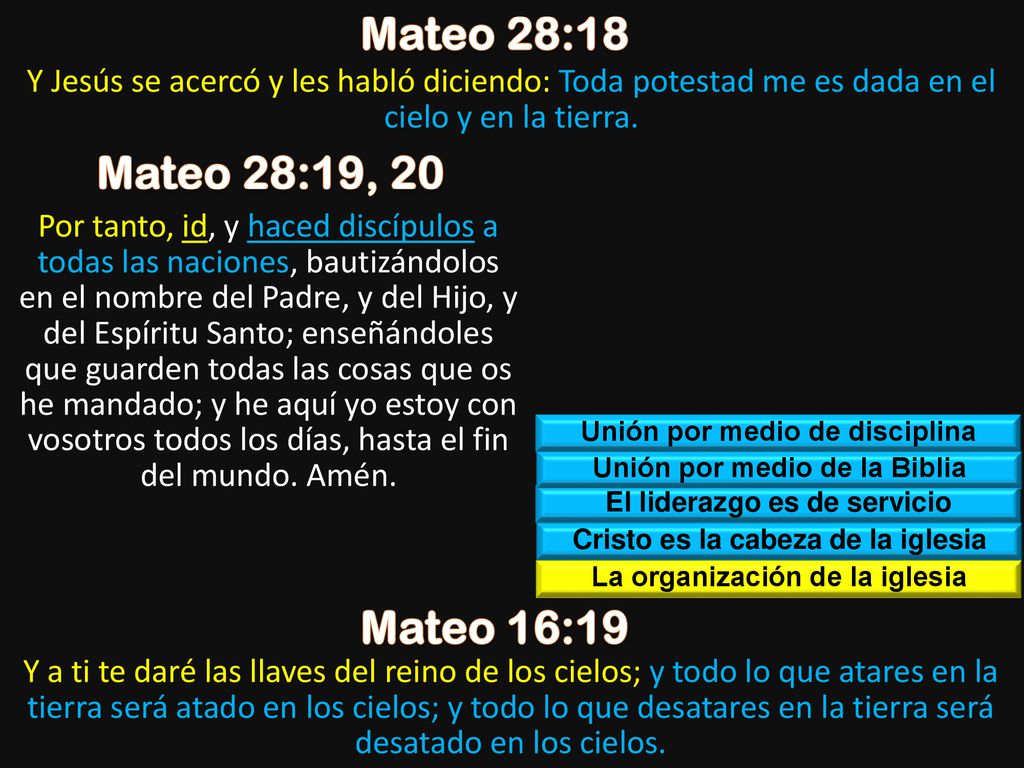 Mateo 28:18 Y Jesús se acercó y les habló diciendo: Toda potestad me es dada en el cielo y en la tierra.